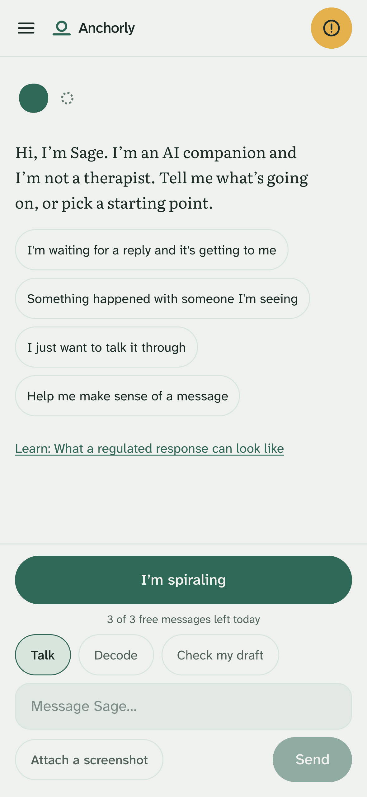 Anchorly's home screen with Sage's greeting and the I'm spiraling button